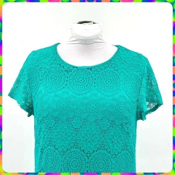 LAUNDRY Spring Green Crochet Lace Floral Medallion Overlay Shift Dress Size 14 - Picture 3 of 13
